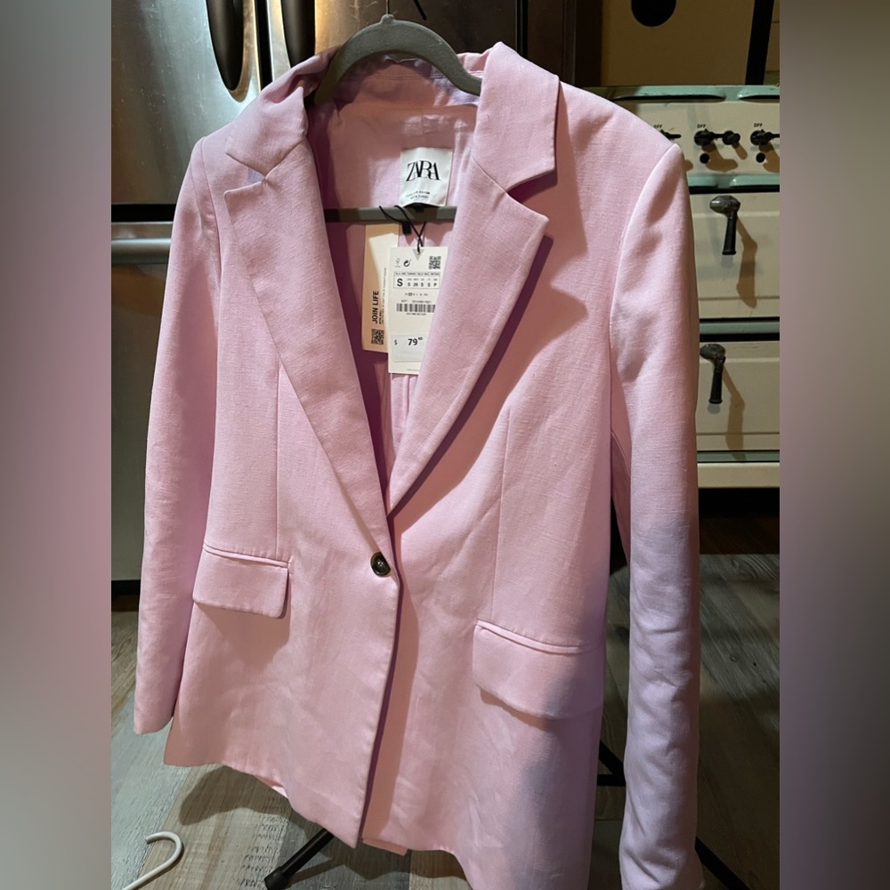 Baby pink Zara one button blazer new with tags. Worn once, home from the mall!